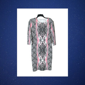 Bisou Bisou Black, Pink, White Geometric Print Lined 3/4 Sleeve Dress Women 12